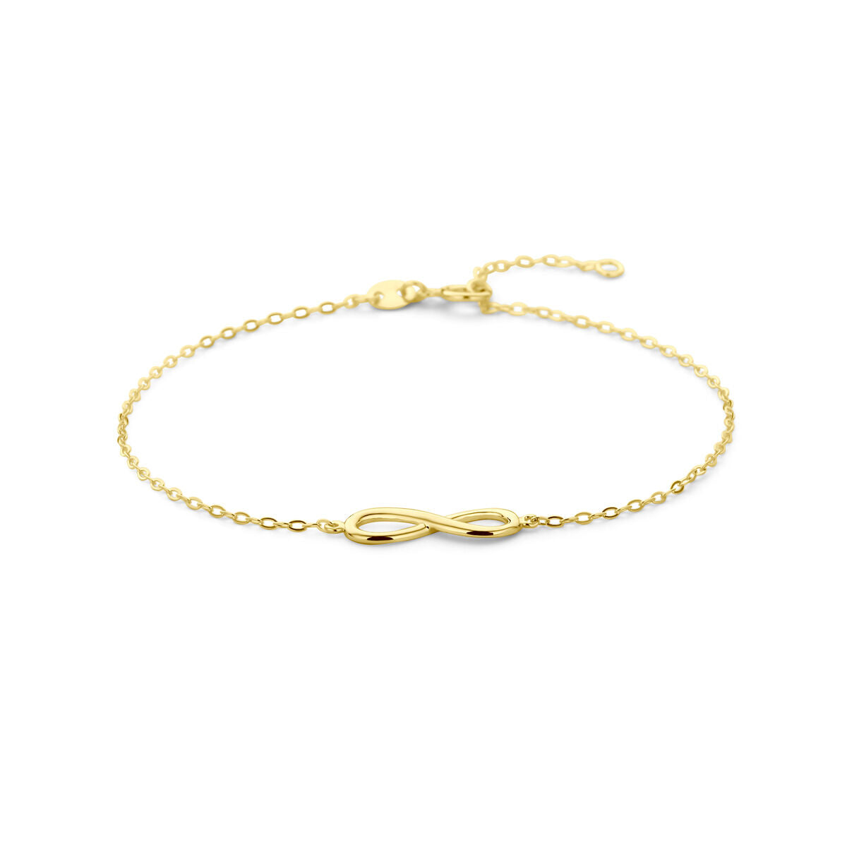 Bracelet en or 14K avec motif infini, chaîne délicate et fermoir ajustable.