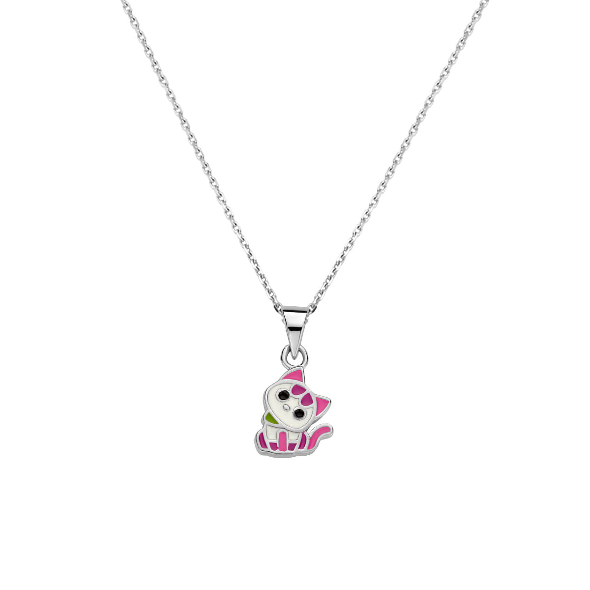 Collier en argent rhodié avec pendentif en forme de chat coloré.