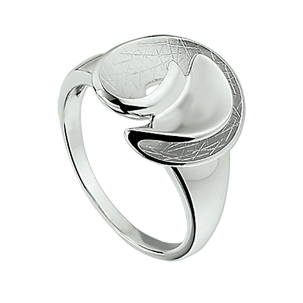 Bague en argent rhodié avec un design texturé et une finition brillante.