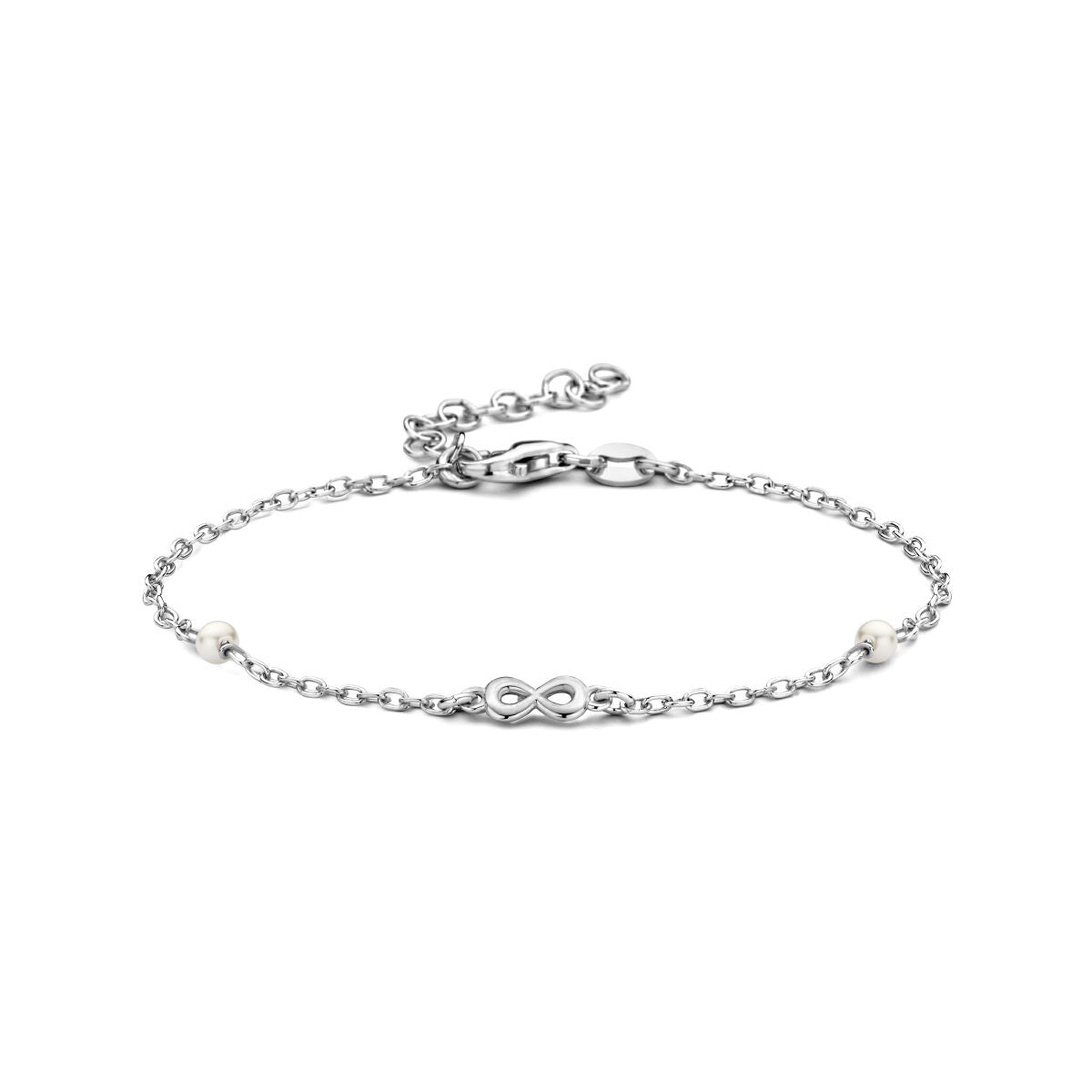 Bracelet en argent rhodié avec perles synthétiques et motif infini, longueur de 16 à 19 cm.