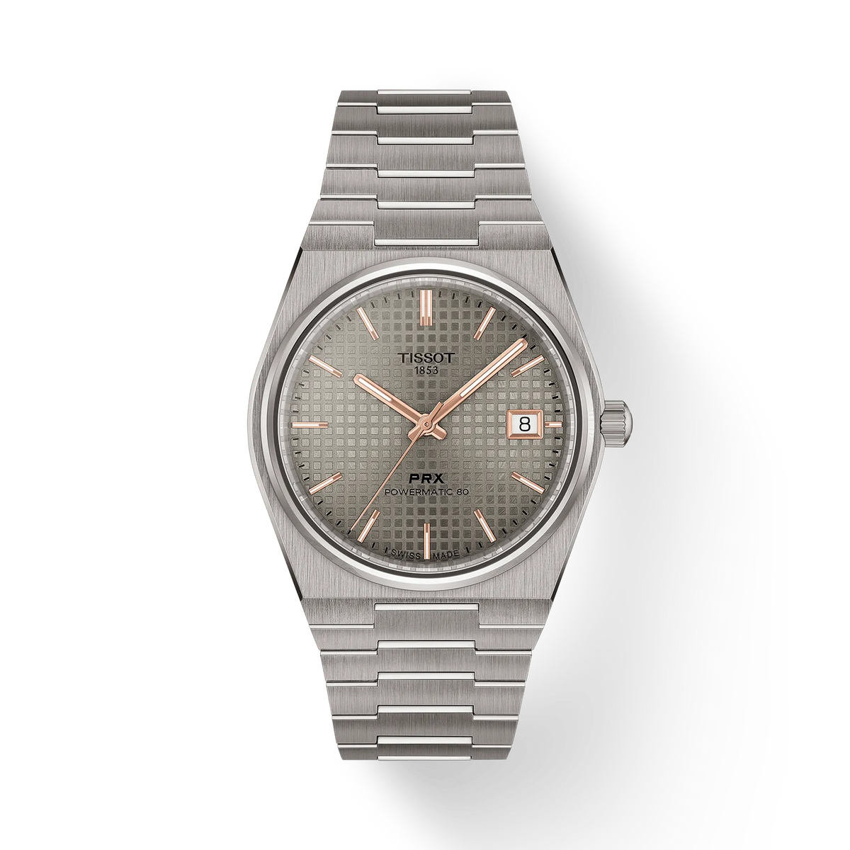 Montre Tissot PRX en titane de 38 mm avec cadran gris et bracelet en titane.