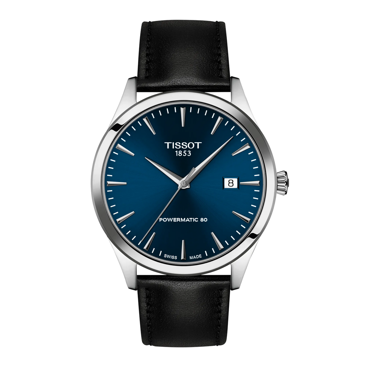 Montre Tissot Classic Dream de 40 mm avec un cadran bleu, boîtier en acier inoxydable et bracelet en cuir noir.