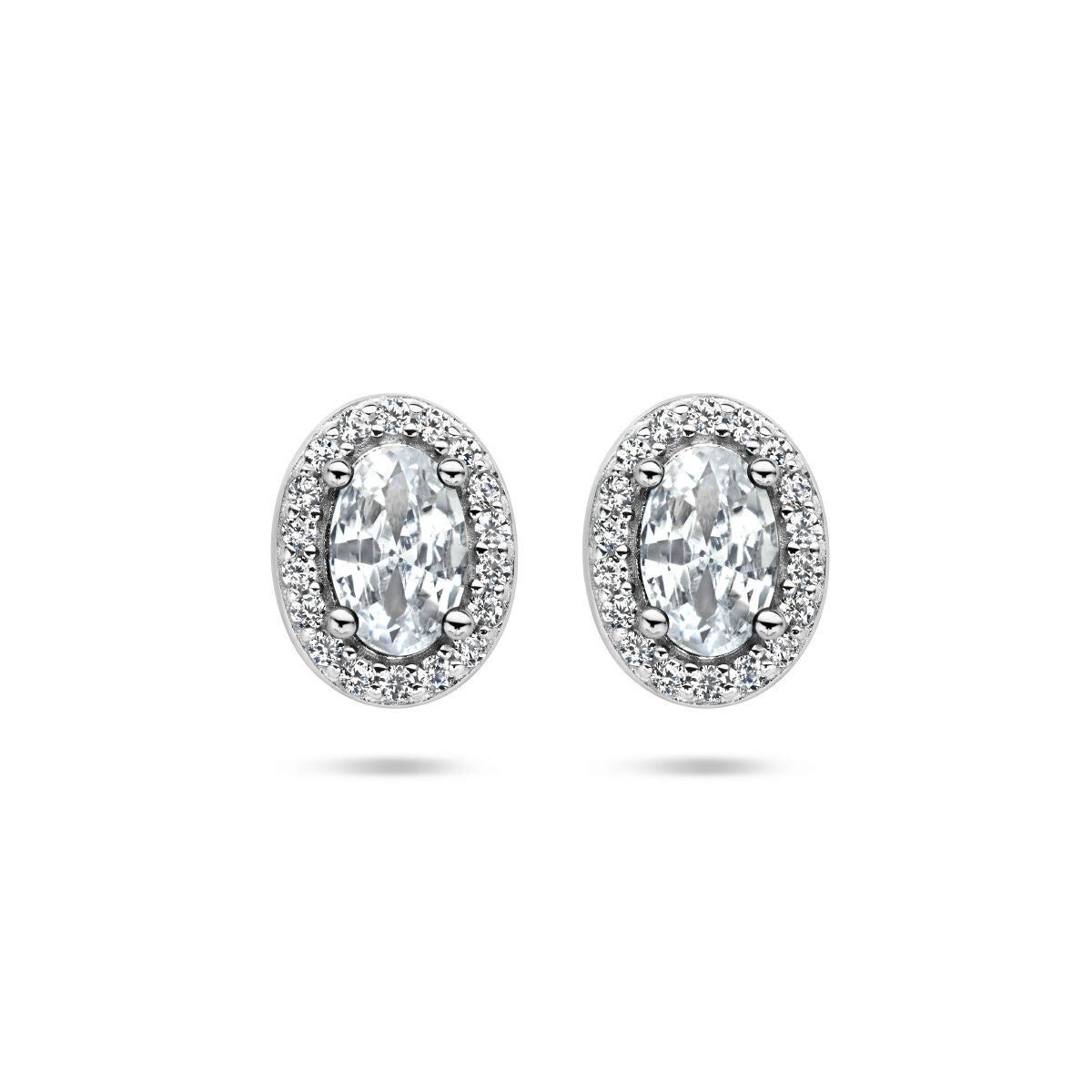 Boucles d'oreilles en argent rhodié avec zirconia, forme ovale et halo de pierres scintillantes.