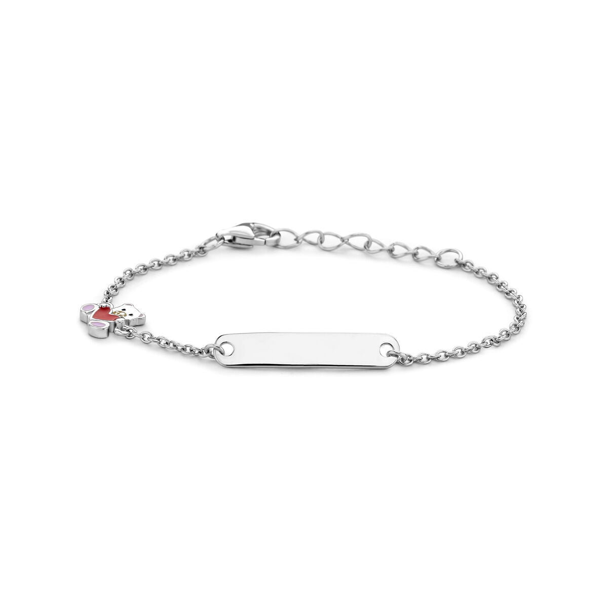Bracelet en argent rhodié avec un pendentif en forme d'ours et un cœur, plaque de 4,5 mm.