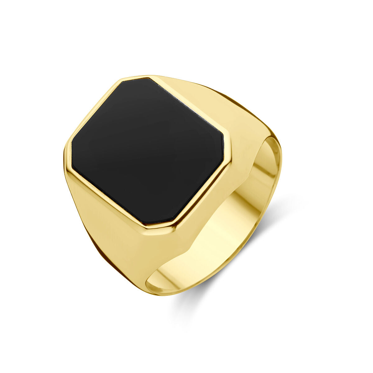 Bague en or jaune 14K avec un plateau en onyx noir, forme hexagonale.