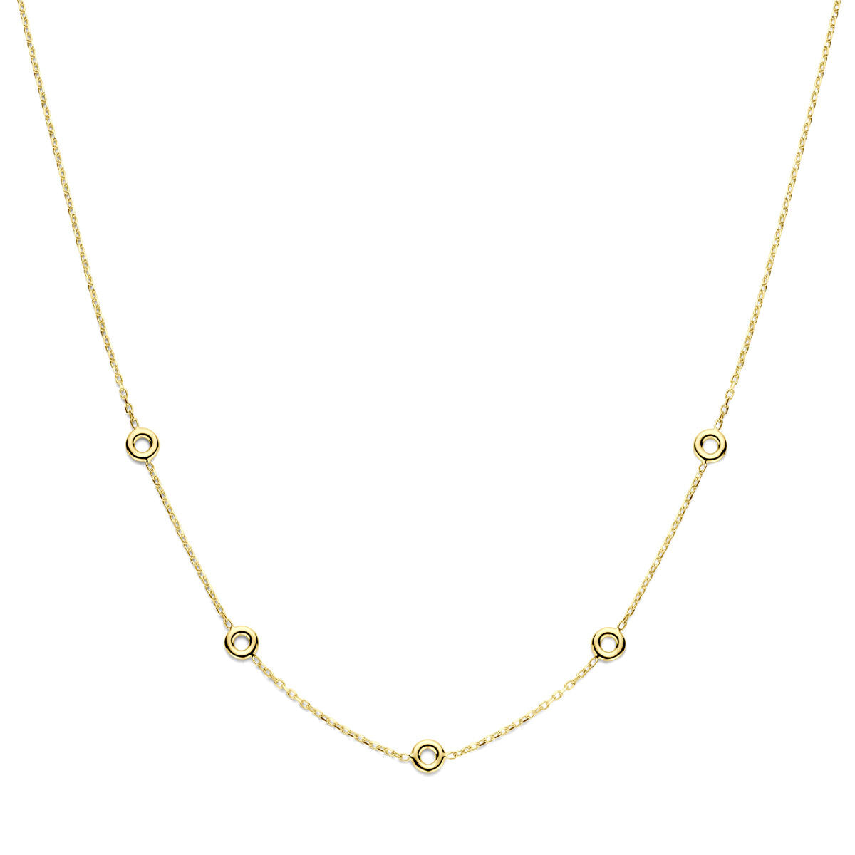 Collier en or jaune 14 carats avec des anneaux espacés et fermoir à mousqueton.