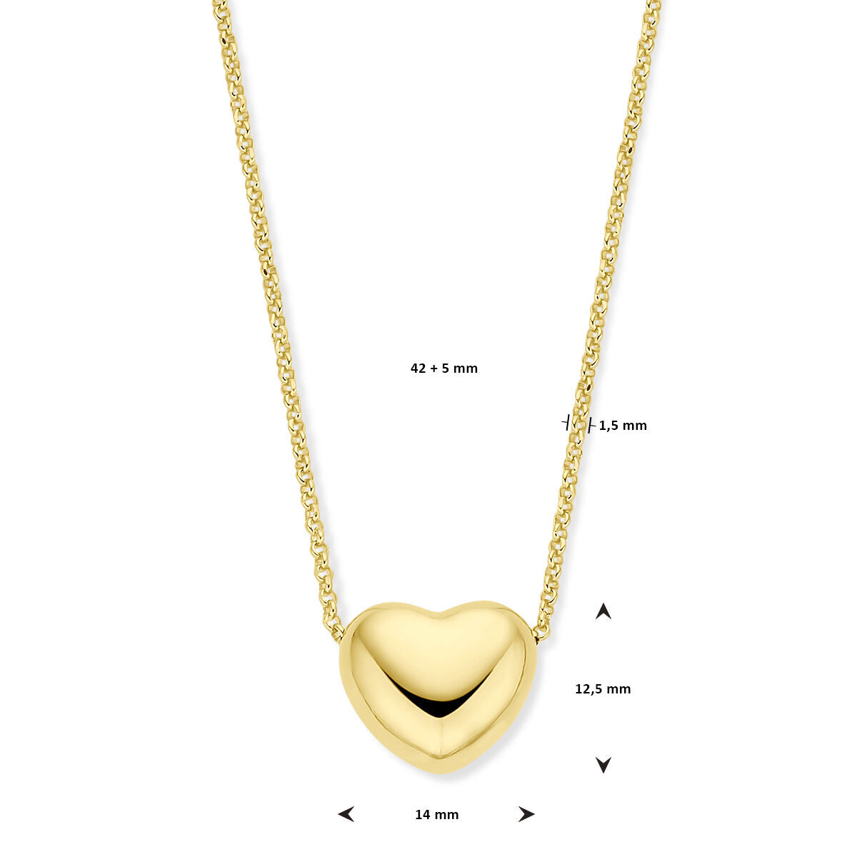 collier cœur 1,5 mm 42 + 5 cm 3 microns argent plaqué or (jaune)
