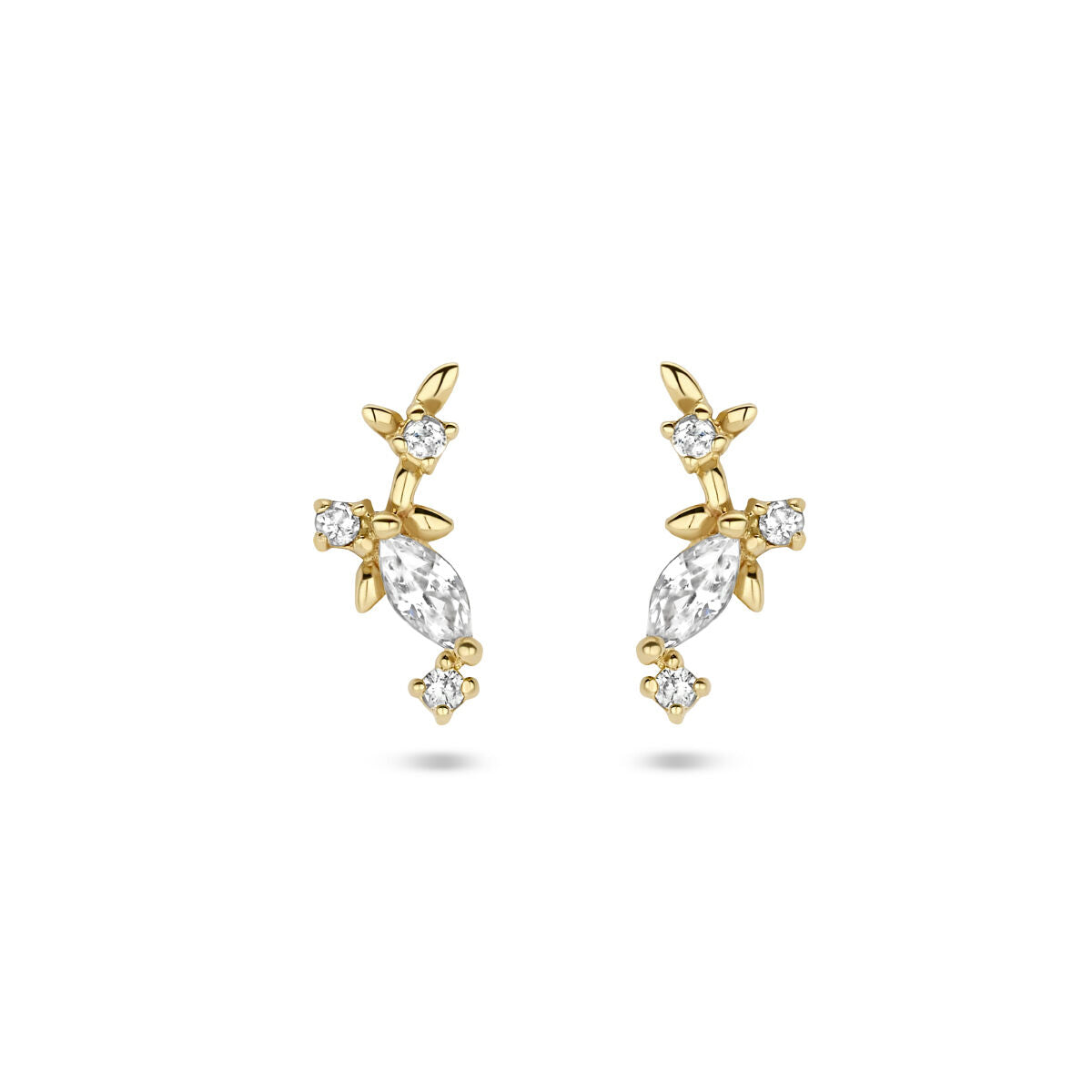 Boucles d'oreilles en or jaune 14K ornées de zirconia, avec un design floral.