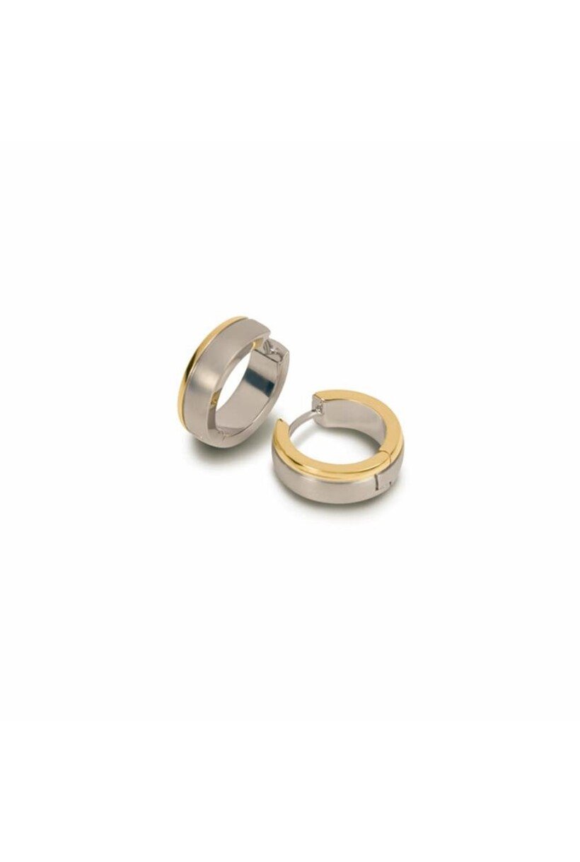 Boucles d'oreilles bicolores en titane, avec une finition argentée et des accents dorés.