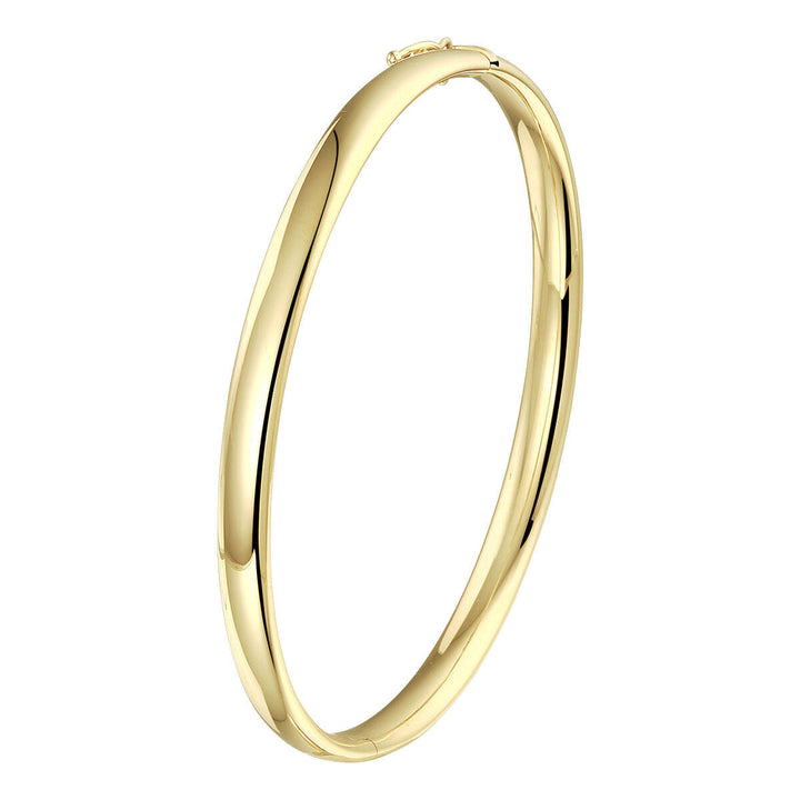 De Van der Kooij Collectie armband scharnier ovale buis 5,0 mm is een dames armband gemaakt van 14K geelgoud, met een gladde, gepolijste afwerking en minimalistisch design, afgebeeld tegen een effen witte achtergrond.