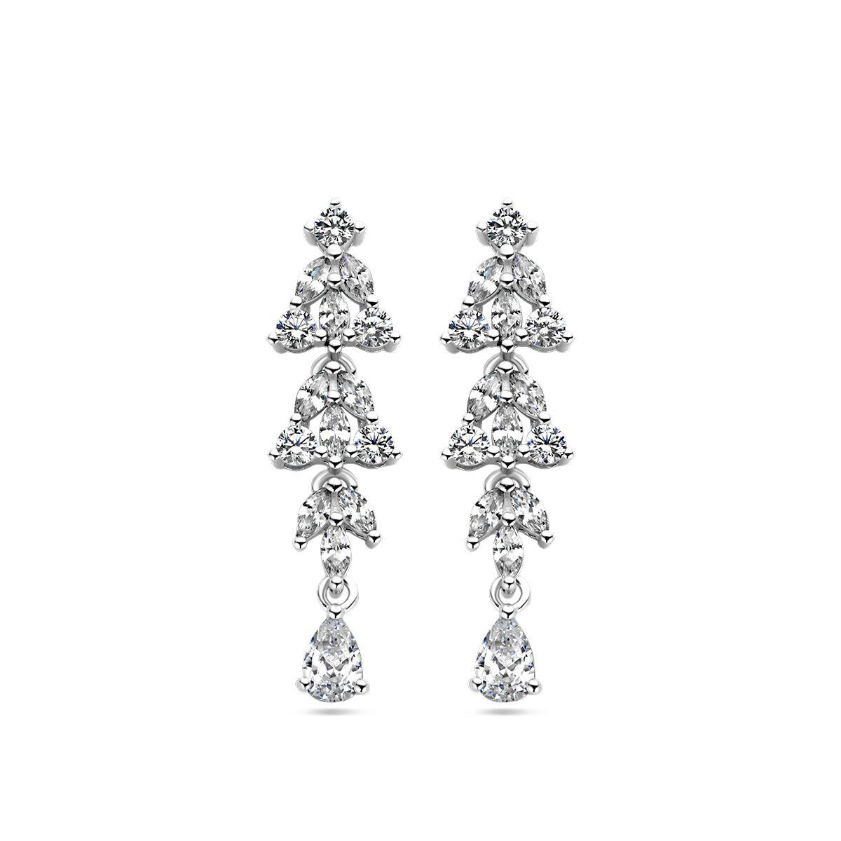 Boucles d'oreilles en argent rhodié ornées de zirconia, avec un design en cascade et des pierres en forme de goutte.