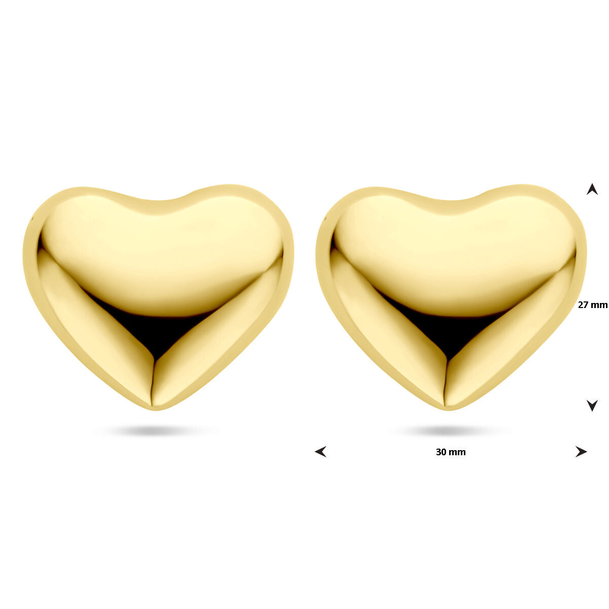 puces d'oreilles cœurs 27 mm 1 micron argent plaqué or (jaune)
