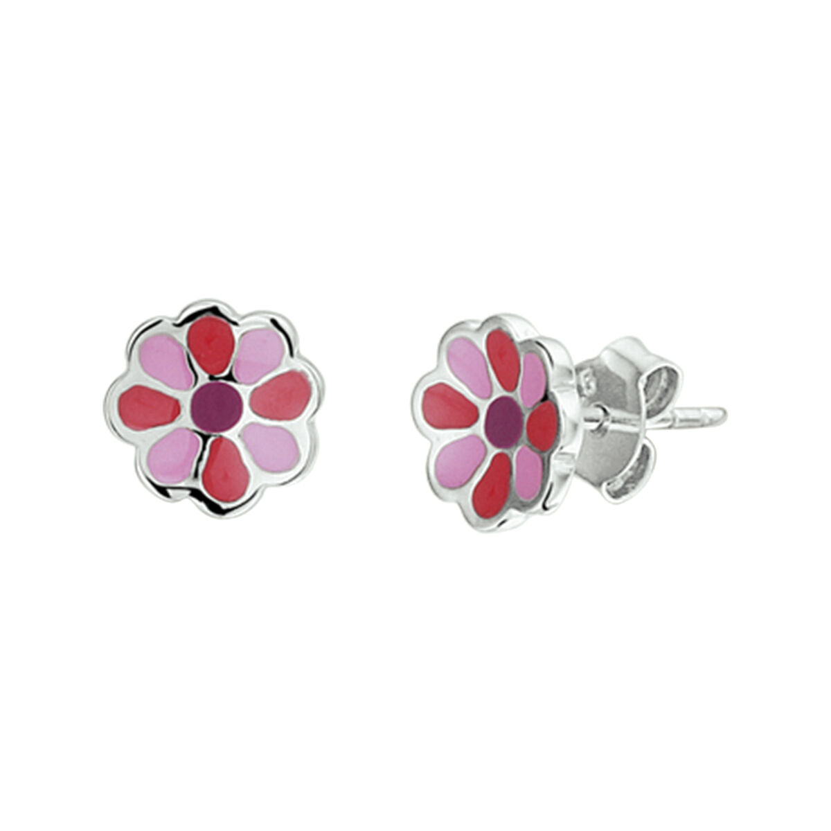 Boucles d'oreilles en argent rhodié en forme de fleur avec des pétales roses et rouges.