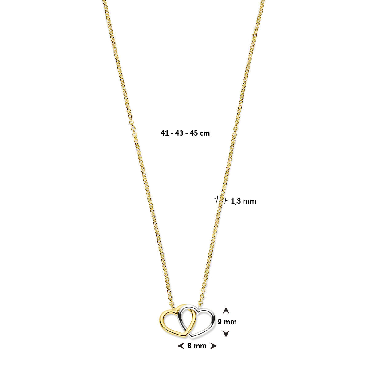collier cœurs 41 - 43 - 45 cm or bicolore jaune/blanc 14K