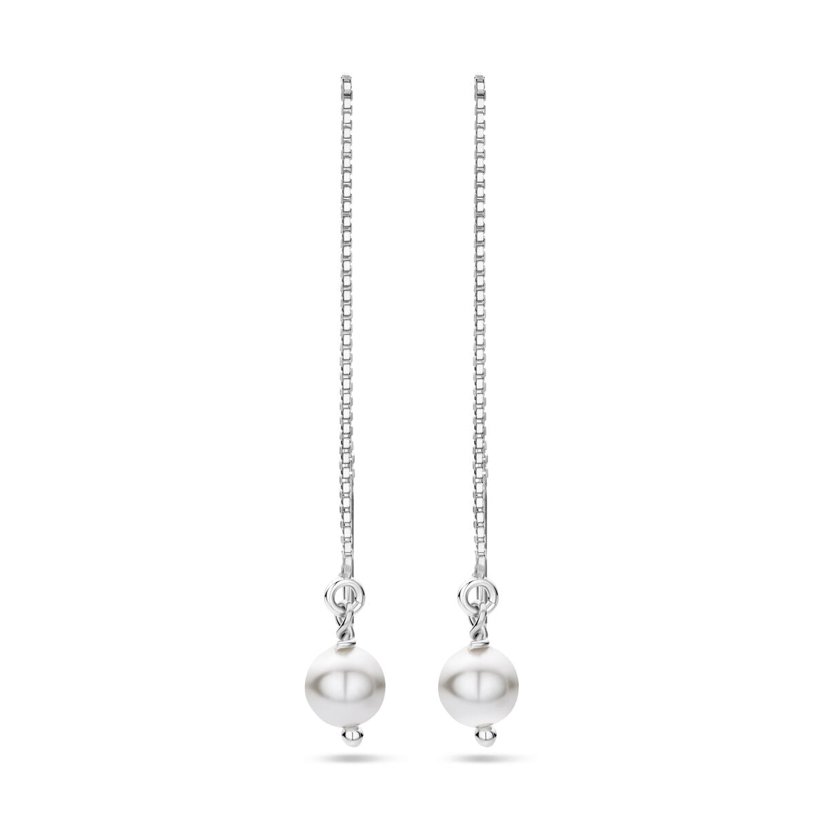 Boucles d'oreilles en argent rhodié avec perles Swarovski, pendantes et délicates.