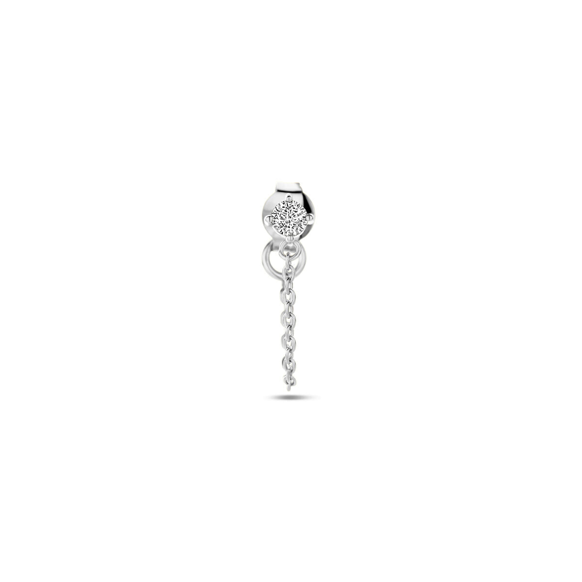 Boucle d'oreille en argent rhodié avec zirconia, ornée d'une chaîne délicate.