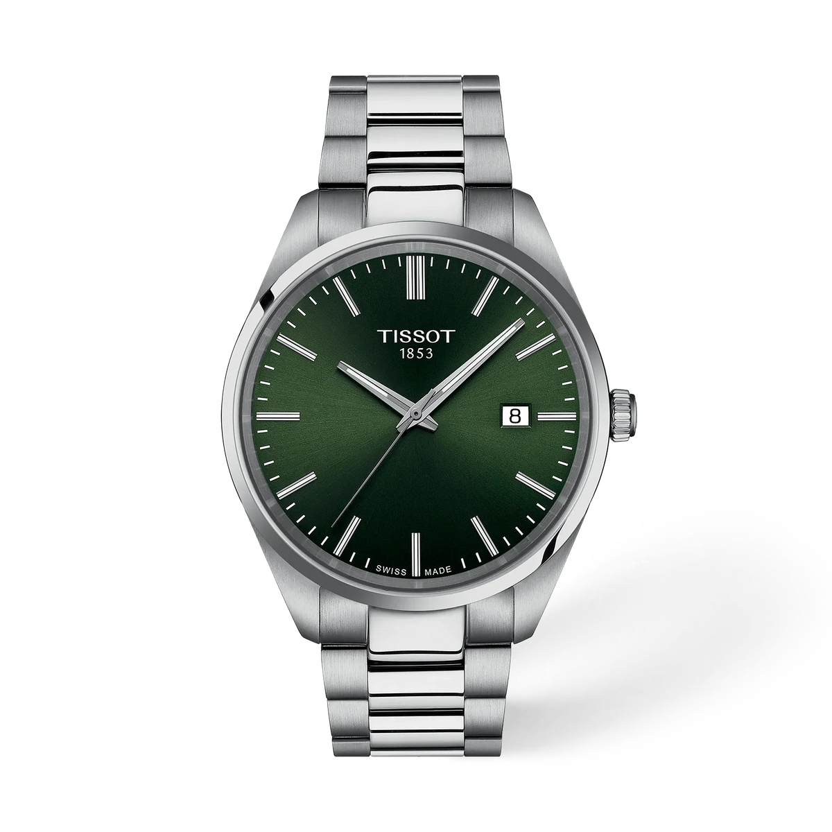 Montre Tissot PR 100 avec un cadran vert, boîtier en acier inoxydable et bracelet en acier.