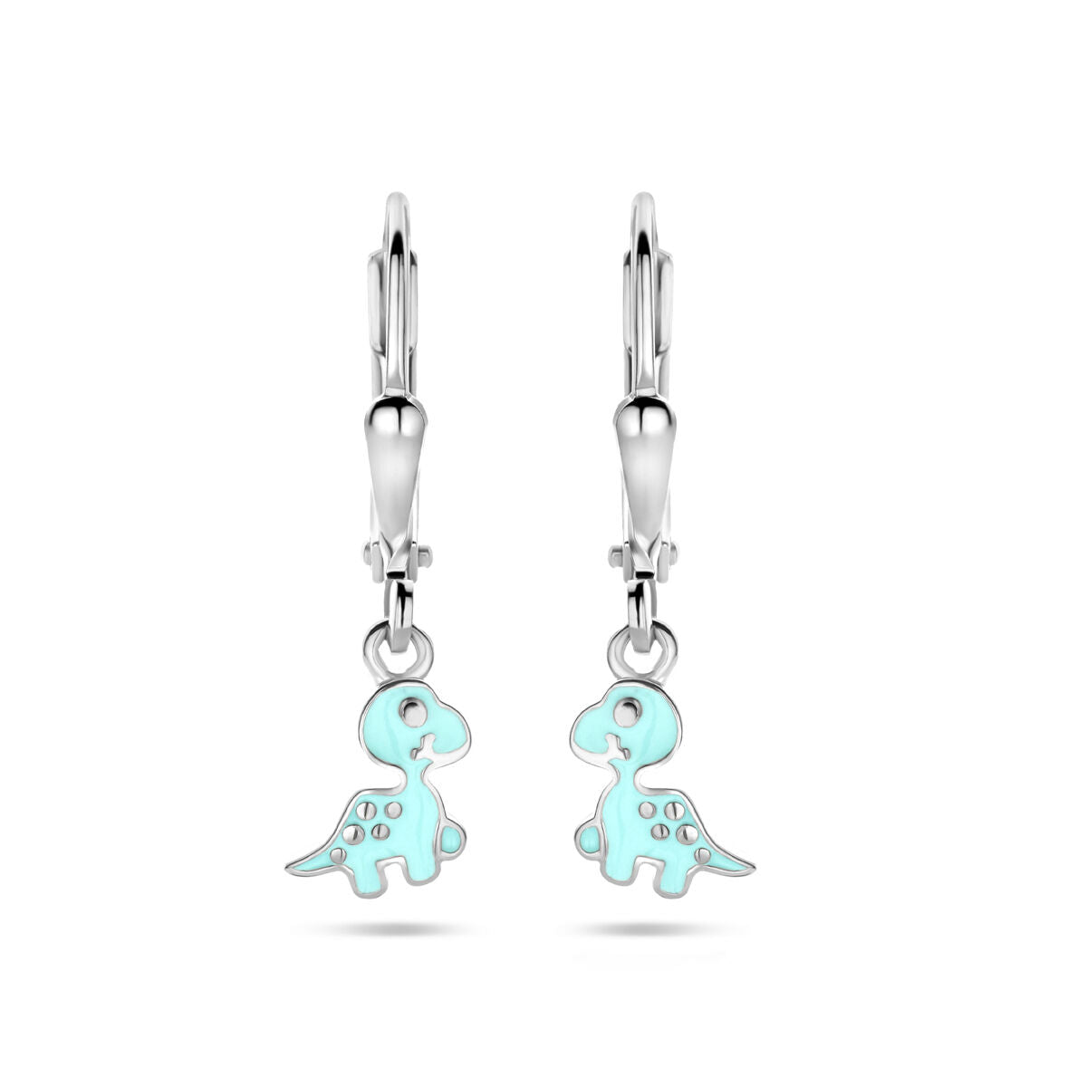 Boucles d'oreilles en argent rhodié avec pendentifs en forme de dinosaure bleu.