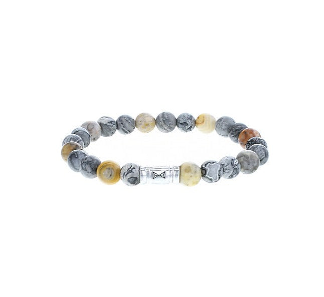 Bracelet en perles Mount Marble de 8 mm avec des perles grises, jaunes et noires.