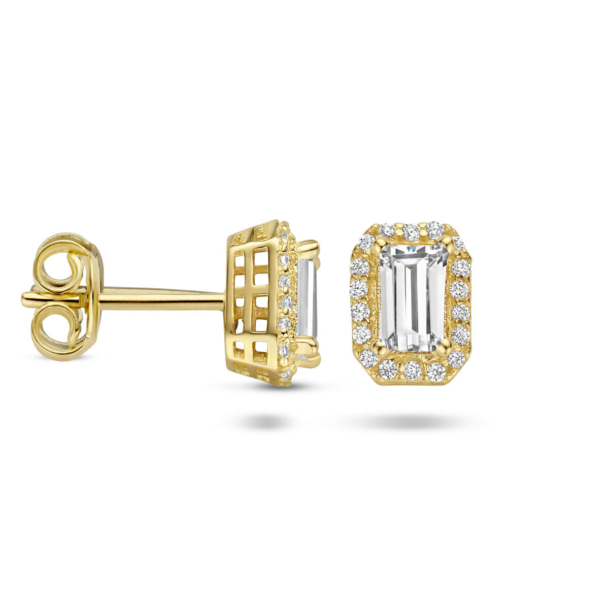 puces d'oreilles zircone halo 14K or jaune