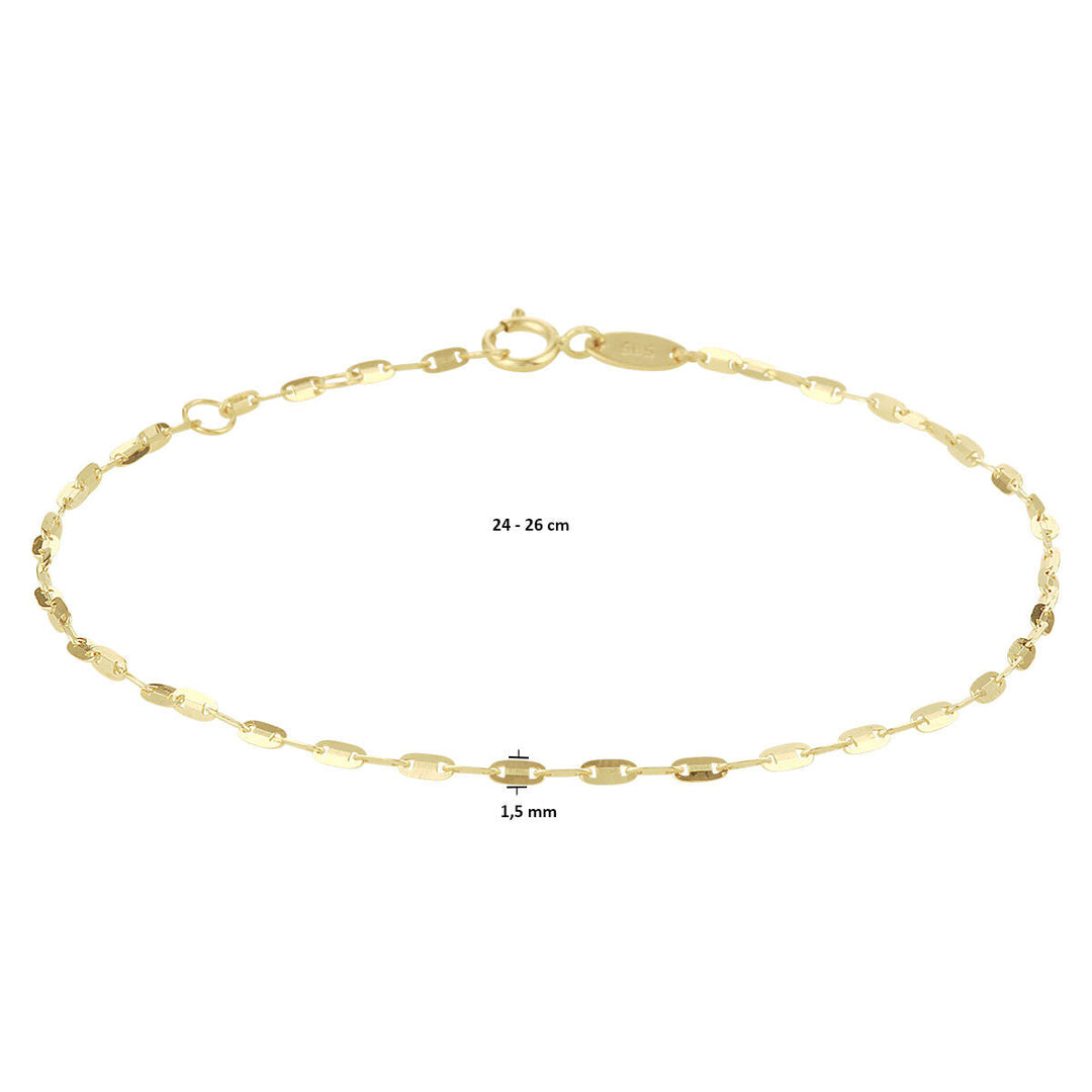 Het Van der Kooij Collectie enkelbandje plaatjes 1,5 mm is gemaakt van 14K geelgoud, heeft ovale schakels, een verstelbare lengte van 24-26 cm en een kleine ronde sluiting met ovale tag.