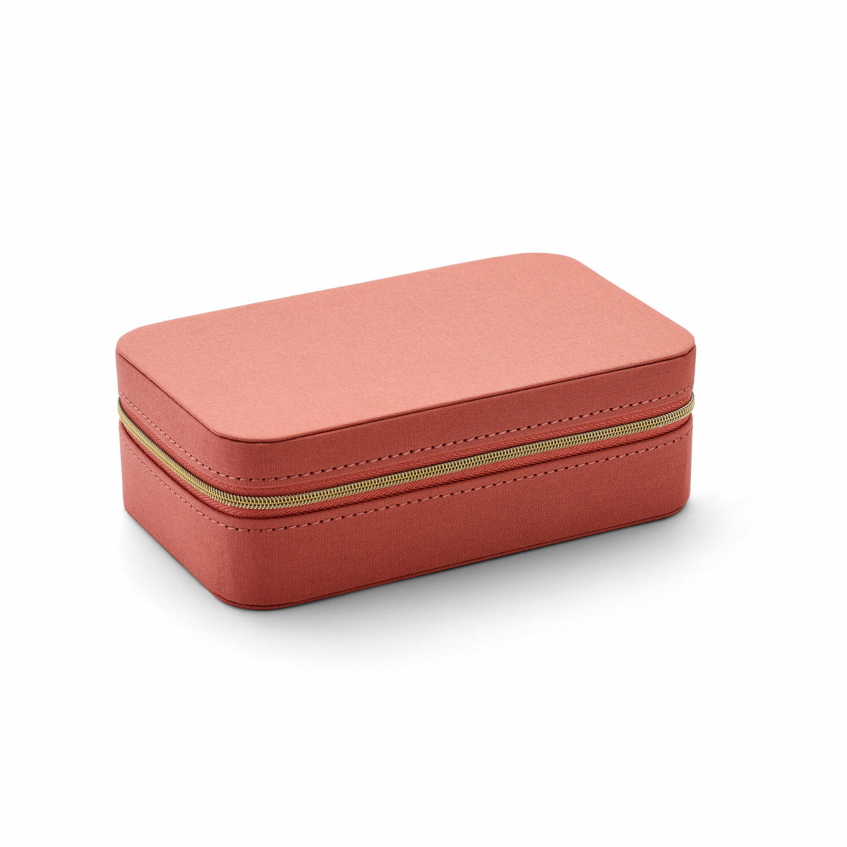 Boîte à bijoux en velours pêche doux, de forme rectangulaire avec une fermeture zippée dorée.