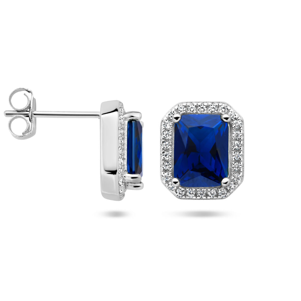 puces d'oreilles zircone bleu et blanc halo argent rhodié
