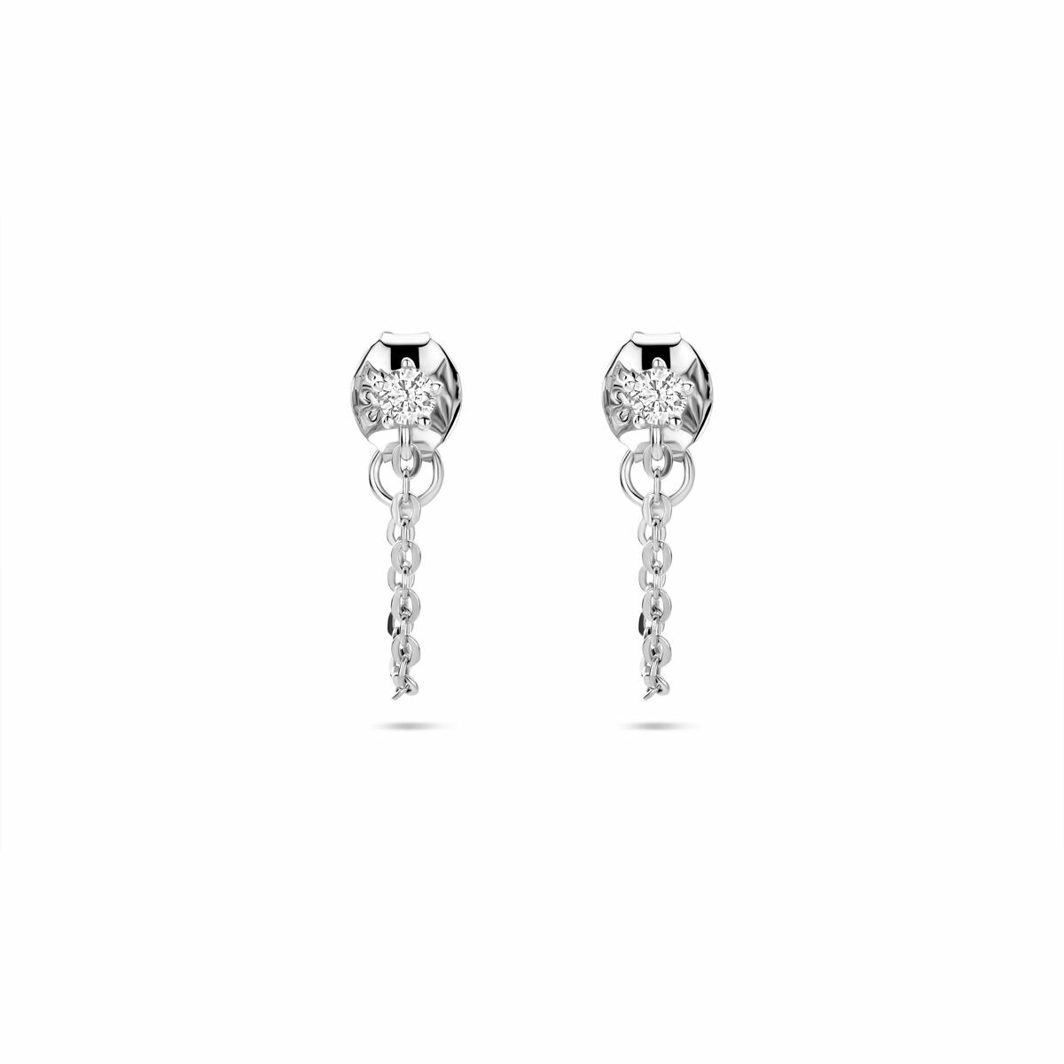 Boucles d'oreilles en argent rhodié 925 avec zirconia, présentant une forme délicate et des chaînes suspendues.