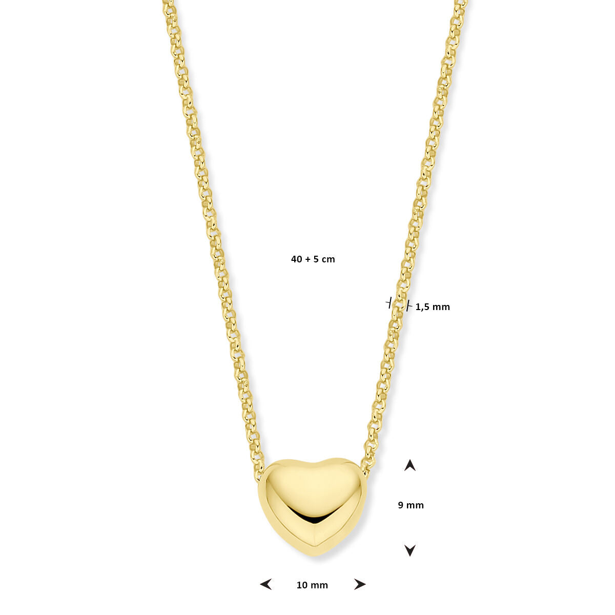 collier cœur 1,5 mm 40 + 5 cm 3 microns argent plaqué or (jaune)