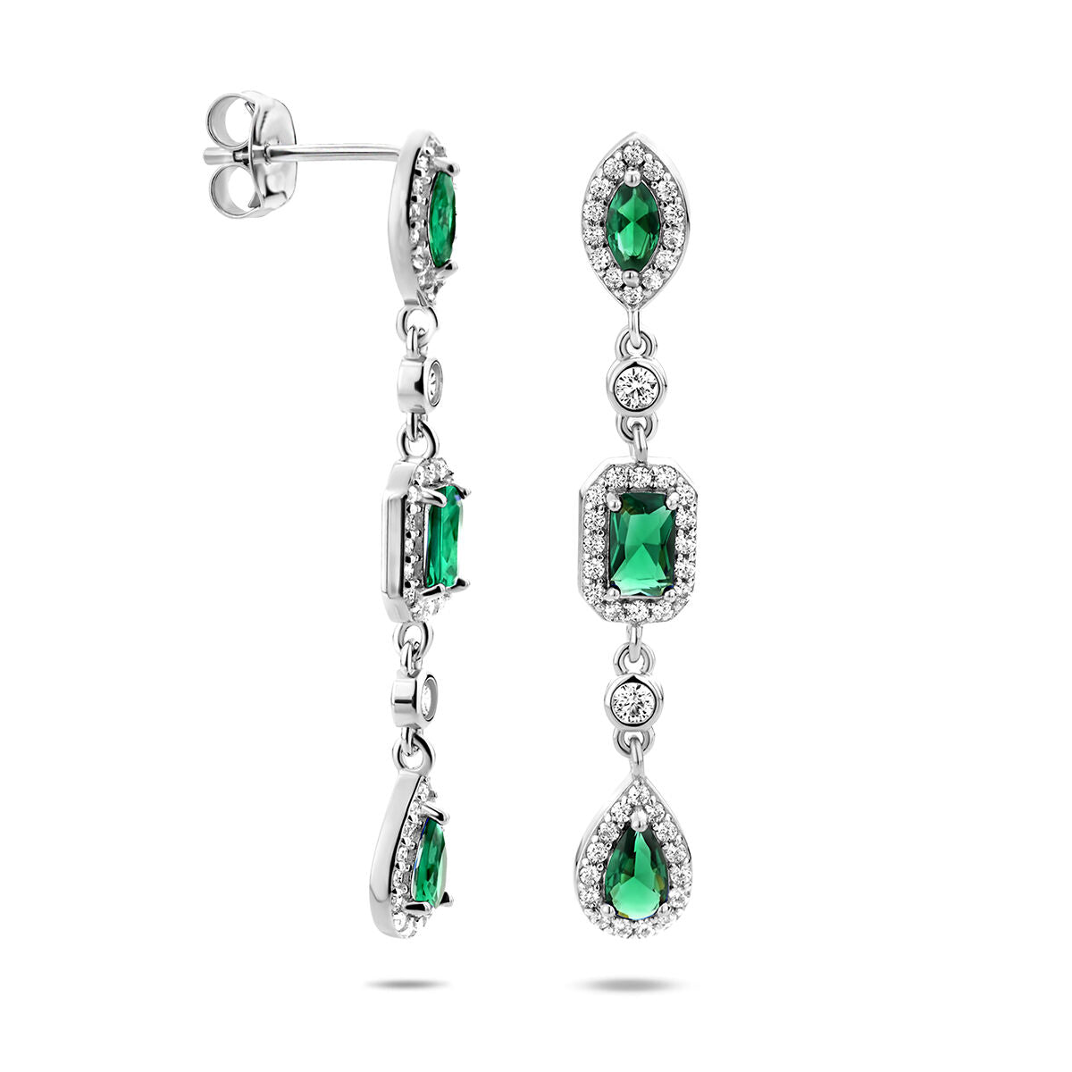 boucles d'oreilles zircone blanc et vert argent rhodié