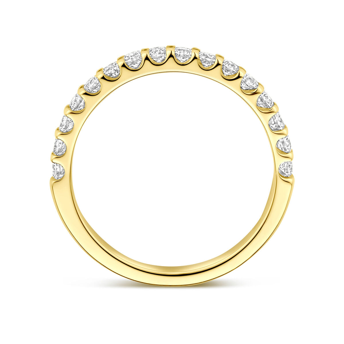 Een 14K geelgouden Van der Kooij Collectie ring met lab grown diamant (0.51ct H SI) in briljante slijpvorm, afgebeeld in zijaanzicht tegen een witte achtergrond.