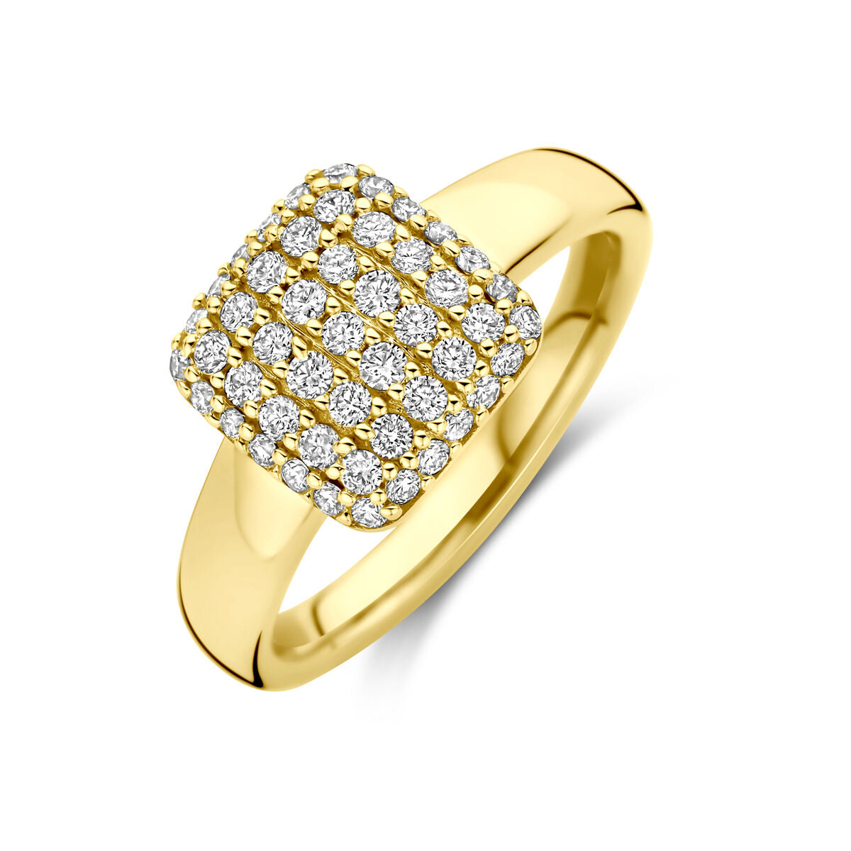 Bague en or jaune 14k ornée de diamants lab grown de 0,50 ct, forme carrée.