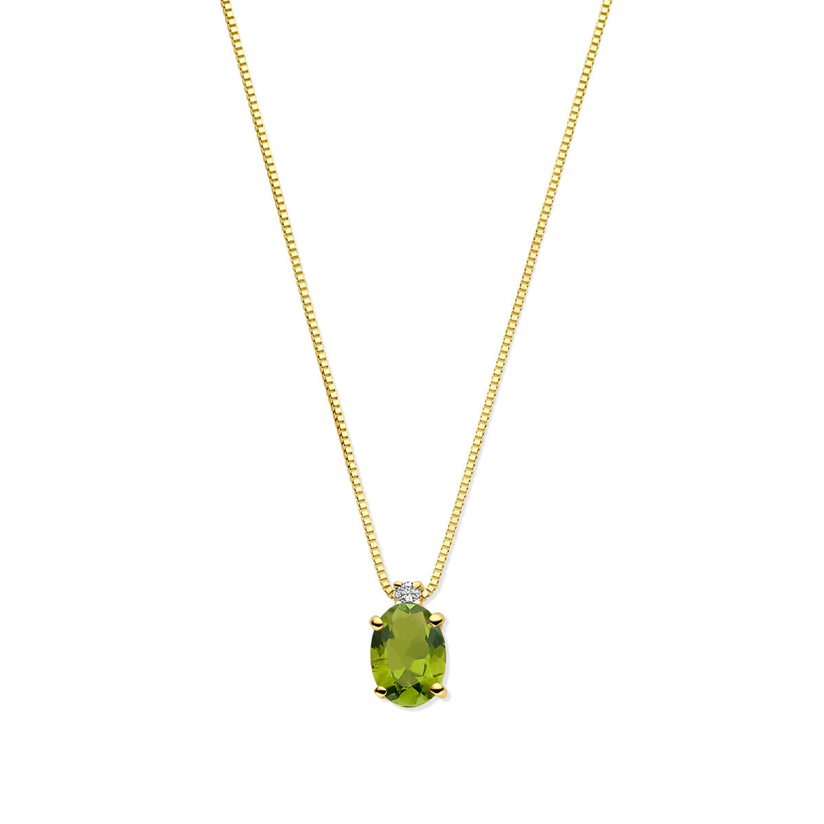 Collier en or jaune 14K avec pendentif en tourmaline verte et diamant.