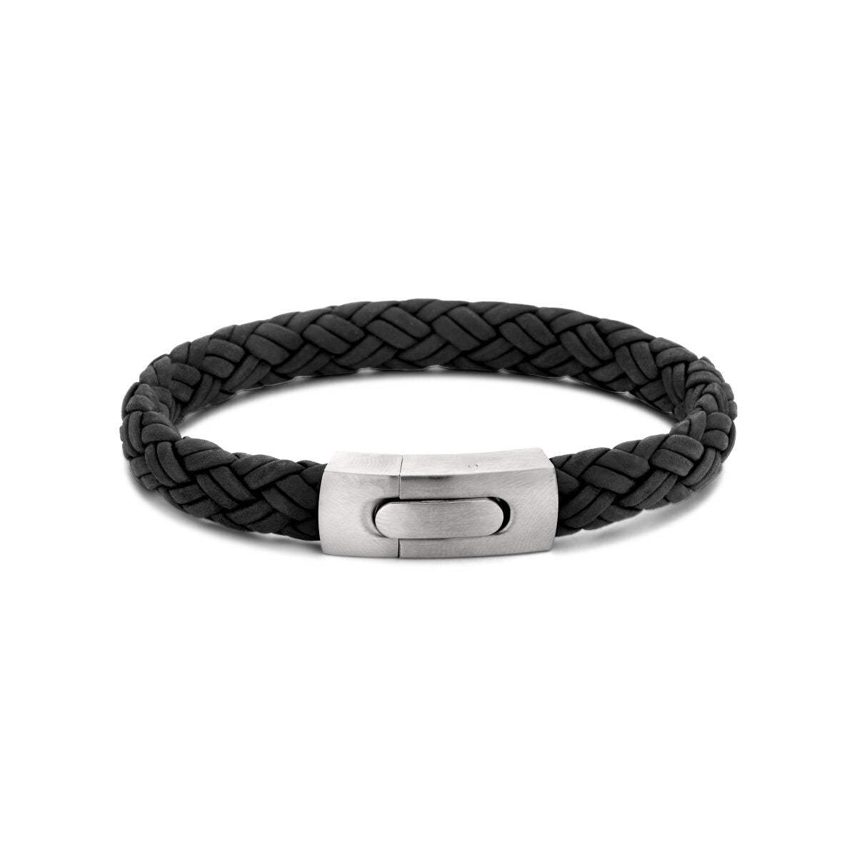 Bracelet en cuir tressé noir de 10 mm avec fermoir en acier inoxydable.