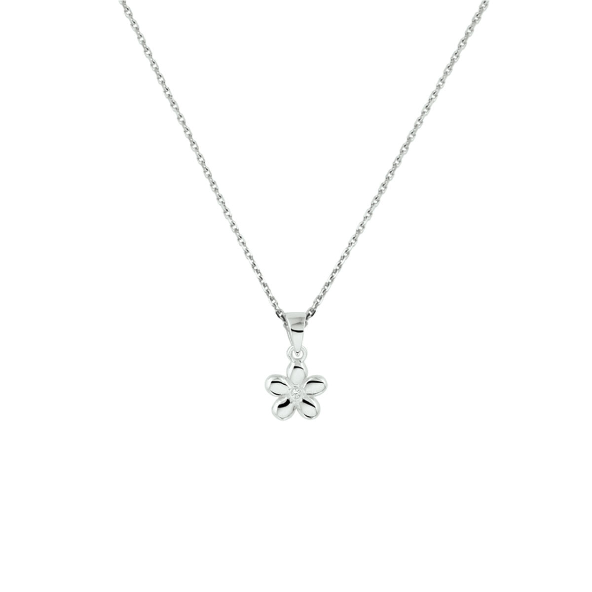 Collier en argent rhodié avec un pendentif en forme de fleur.