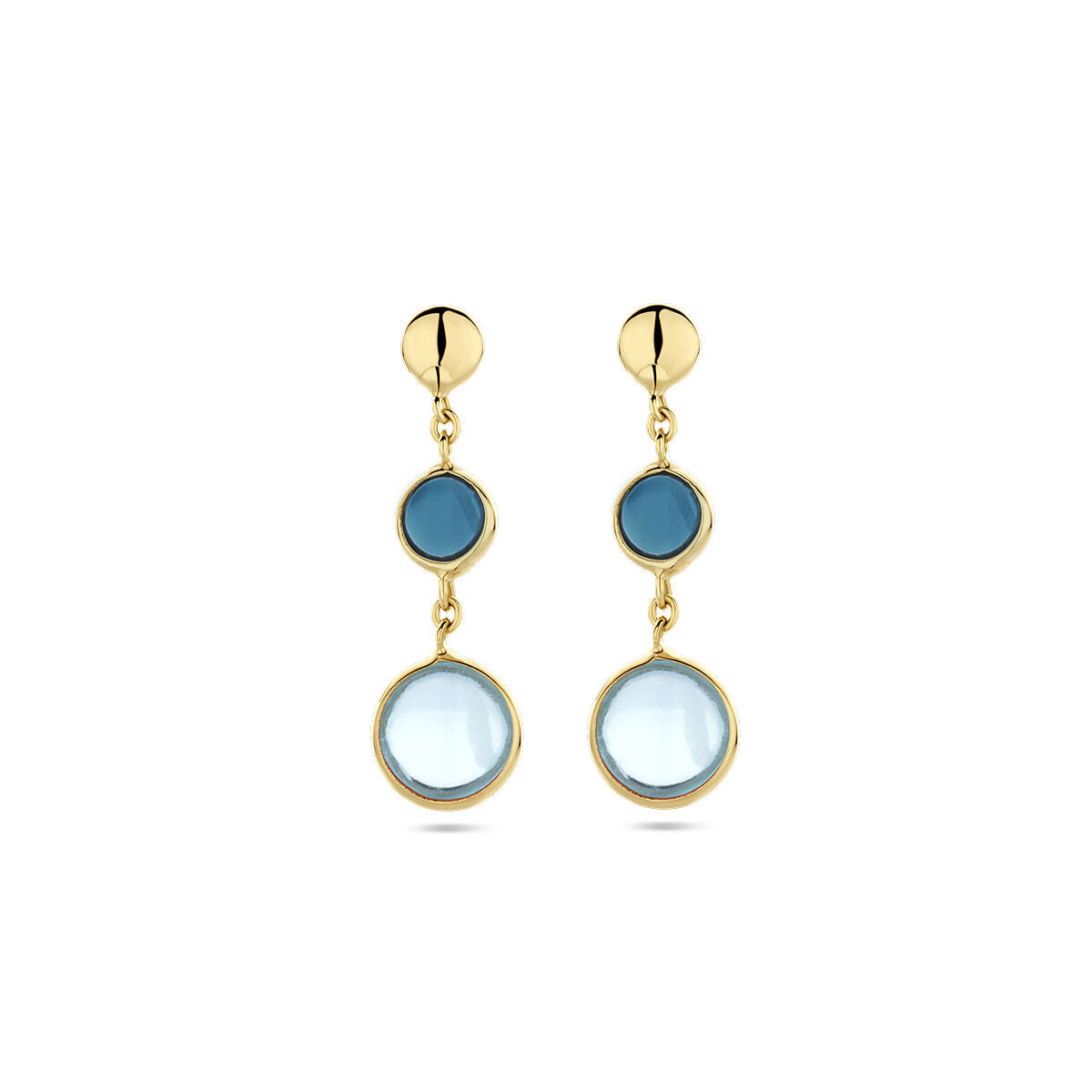 Boucles d'oreilles en or jaune 14K avec topazes bleues et topazes London blue, en forme de goutte.
