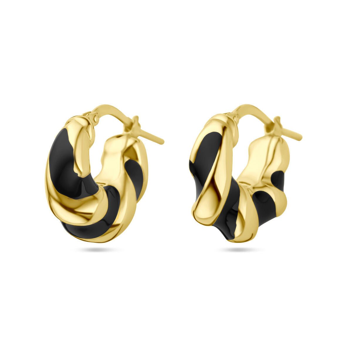 Boucles d'oreilles en argent doré, avec un design torsadé et des accents en émail noir.