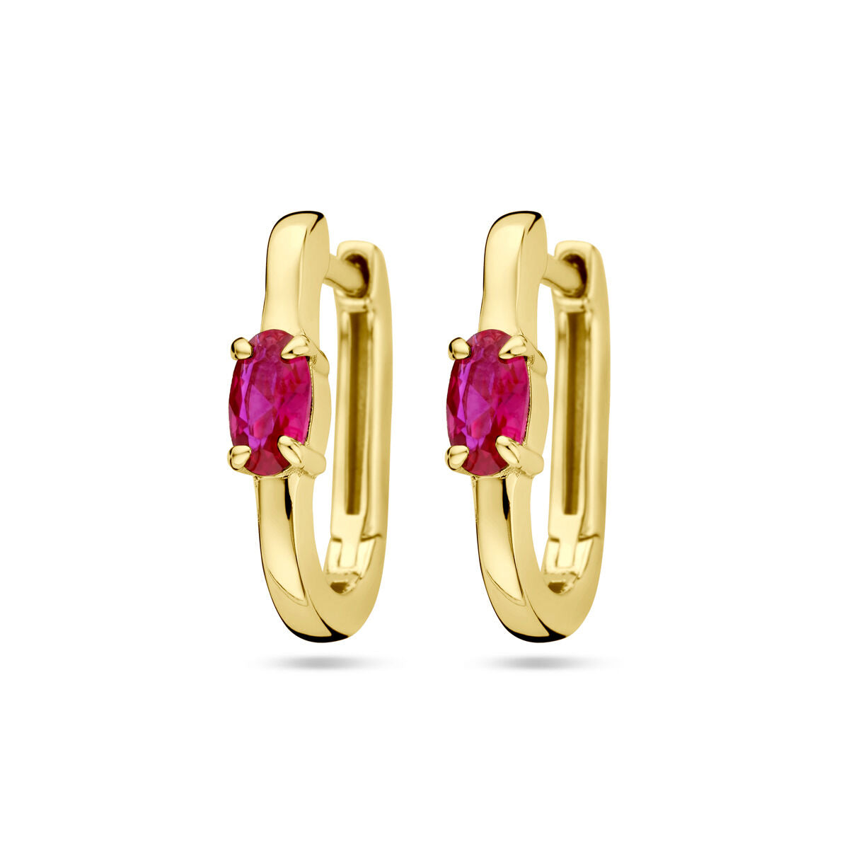 Boucles d'oreilles en argent doré avec zirconium rouge, forme ronde.