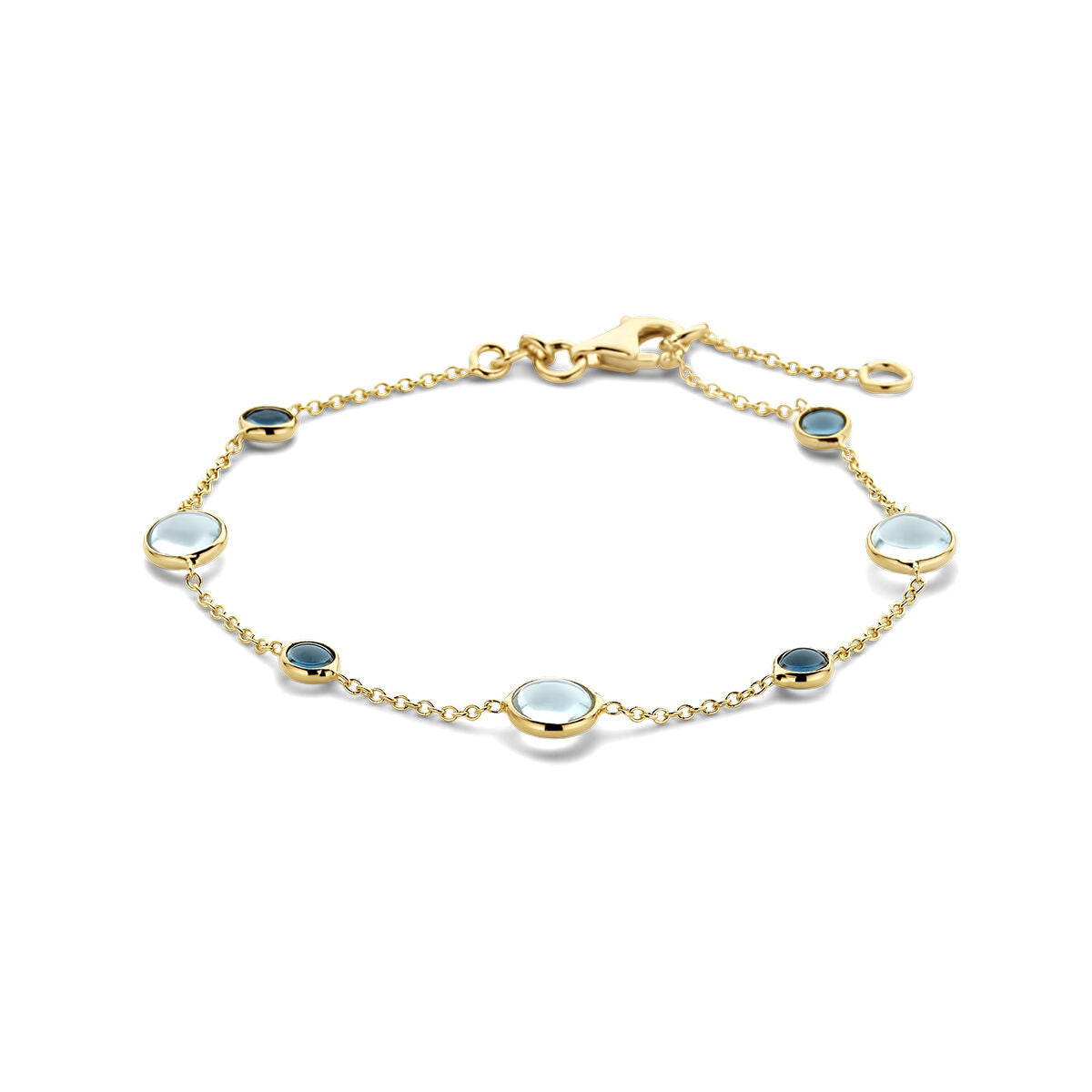 Bracelet en or 14K avec topazes bleues et topazes London blue, ornée de cabochons ronds.