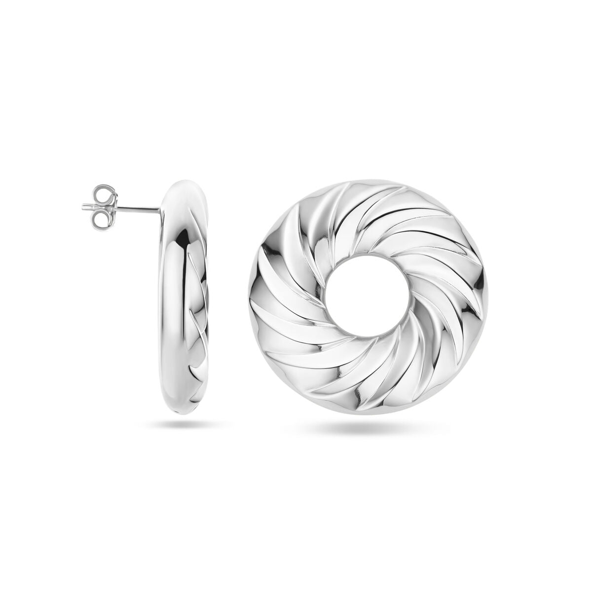 De Van der Kooij Collectie oorknoppen rondje gedraaid 32 mm zilver gerhodineerd voor dames hebben een gedraaid, hol ontwerp en worden vanaf de voor- en zijkant getoond op een witte achtergrond.