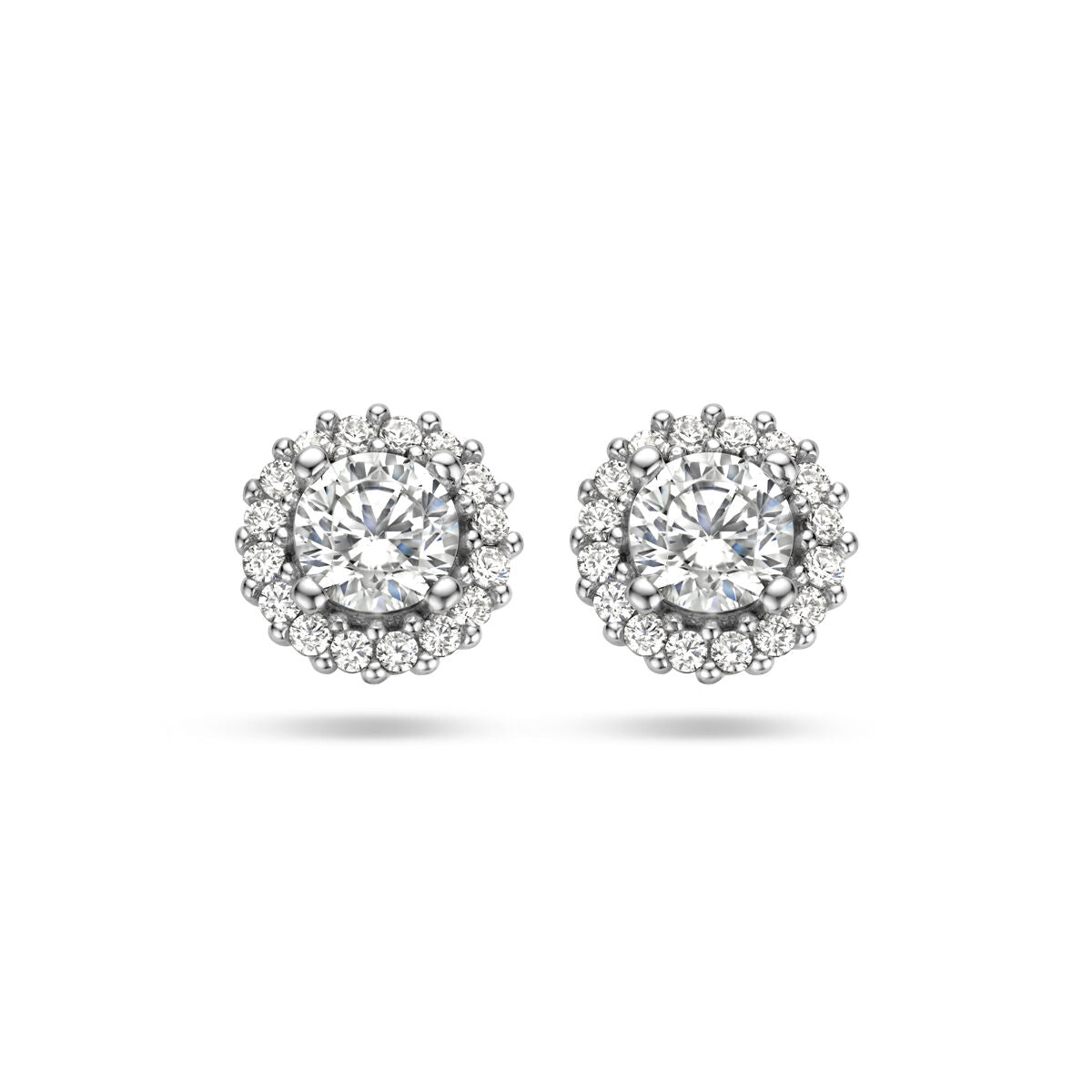 Boucles d'oreilles en argent rhodié avec zircons en halo.