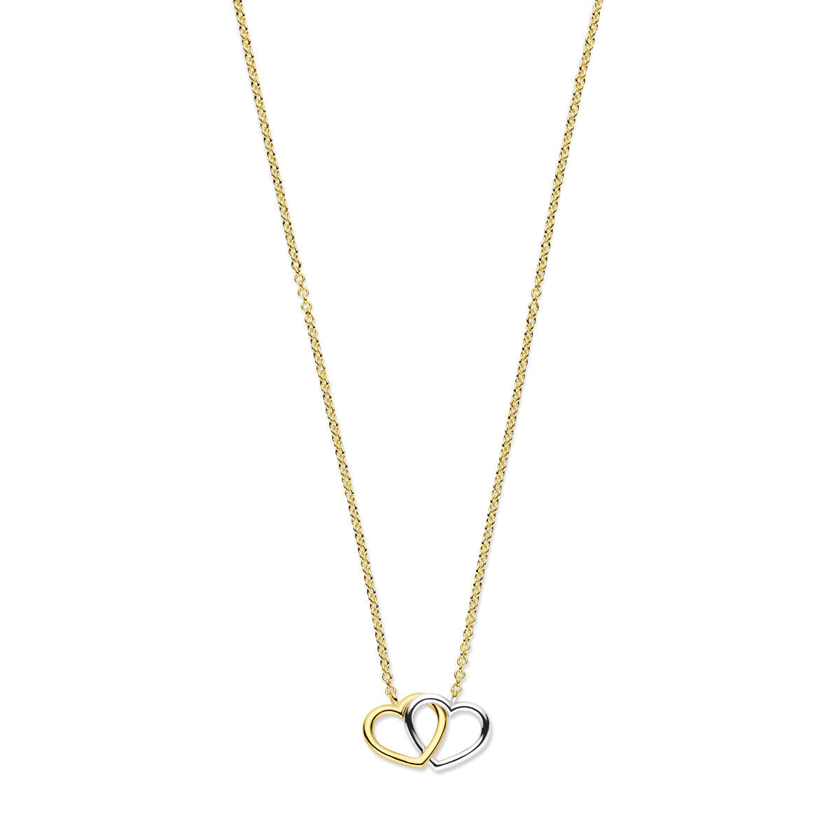 Collier en or bicolore avec deux cœurs entrelacés, chaîne délicate de 41 à 45 cm.