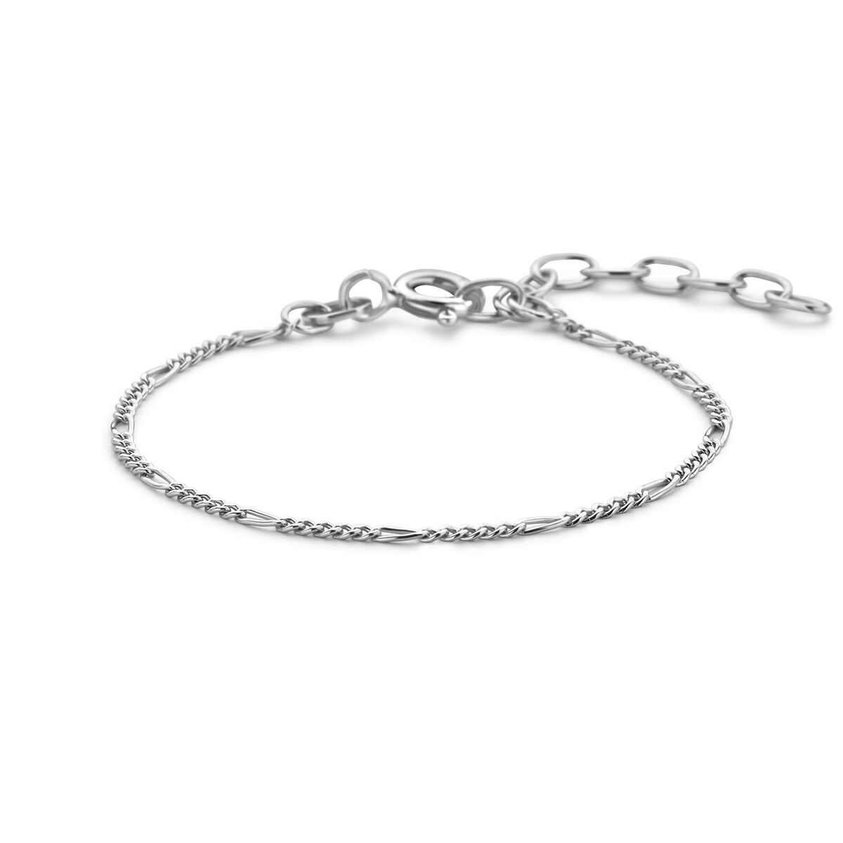 Bracelet en argent rhodié de type Figaro, 1,5 mm, longueur enfant, avec chaîne ajustable.