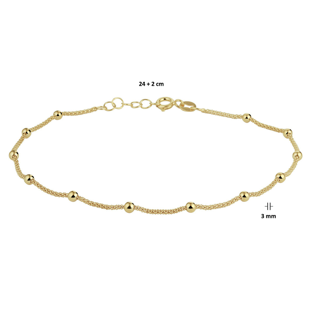 bracelet de cheville perles 3,0 mm 24 + 2 cm 3 microns argent plaqué or (jaune)