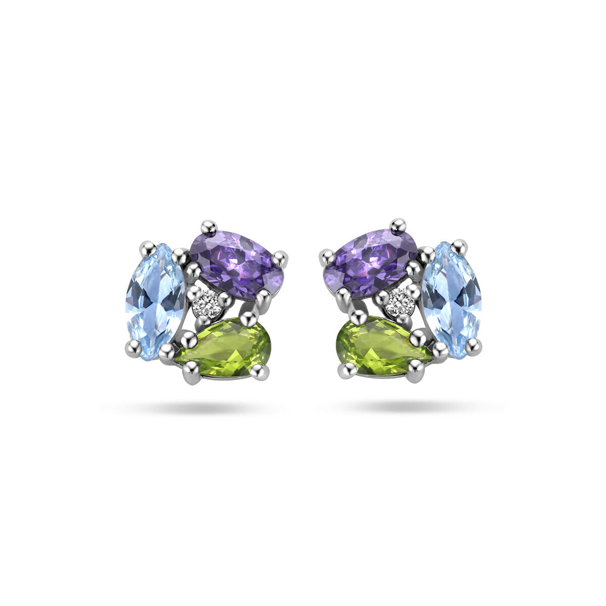 Boucles d'oreilles en argent rhodié ornées de zirconia et de pierres synthétiques multicolores.
