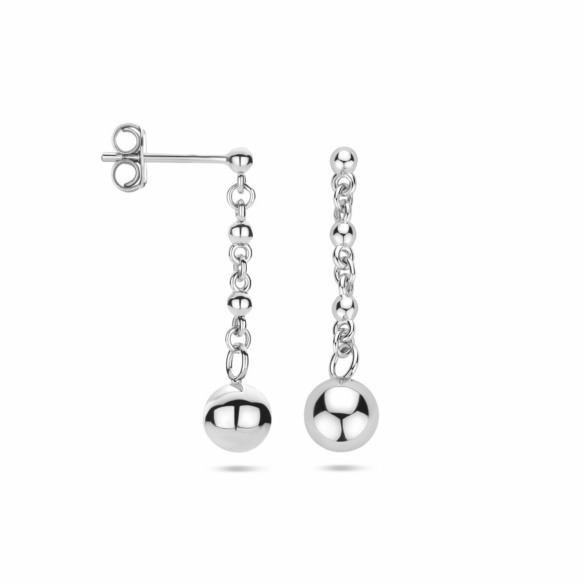 Boucles d'oreilles argentées avec des perles rondes de 25 mm et une finition rhodiée.