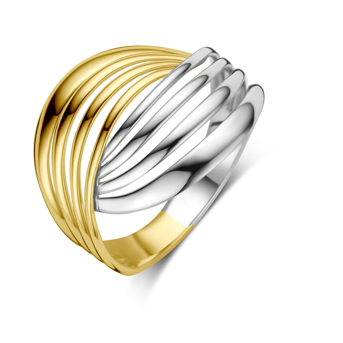 Bague en or bicolore jaune et blanc avec des lignes ondulées.
