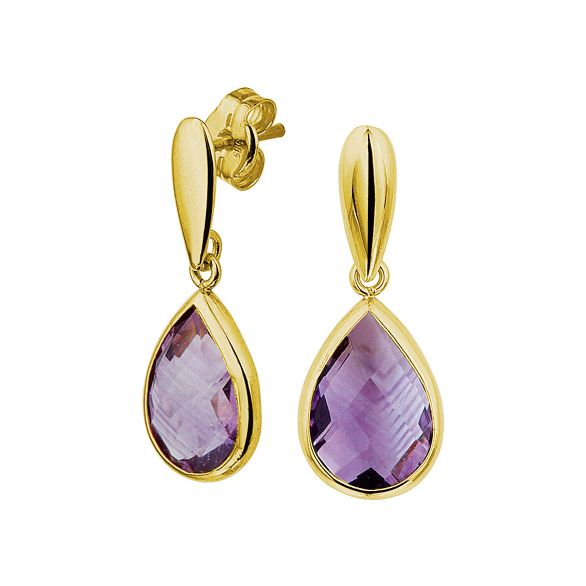 Boucles d'oreilles en or jaune 14K avec des pierres améthystes en forme de goutte.