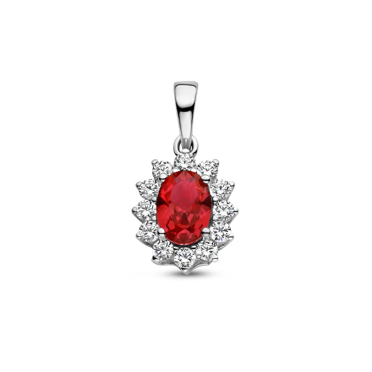 pendentif en corindon rouge avec halo de zirconium blanc en argent rhodié.