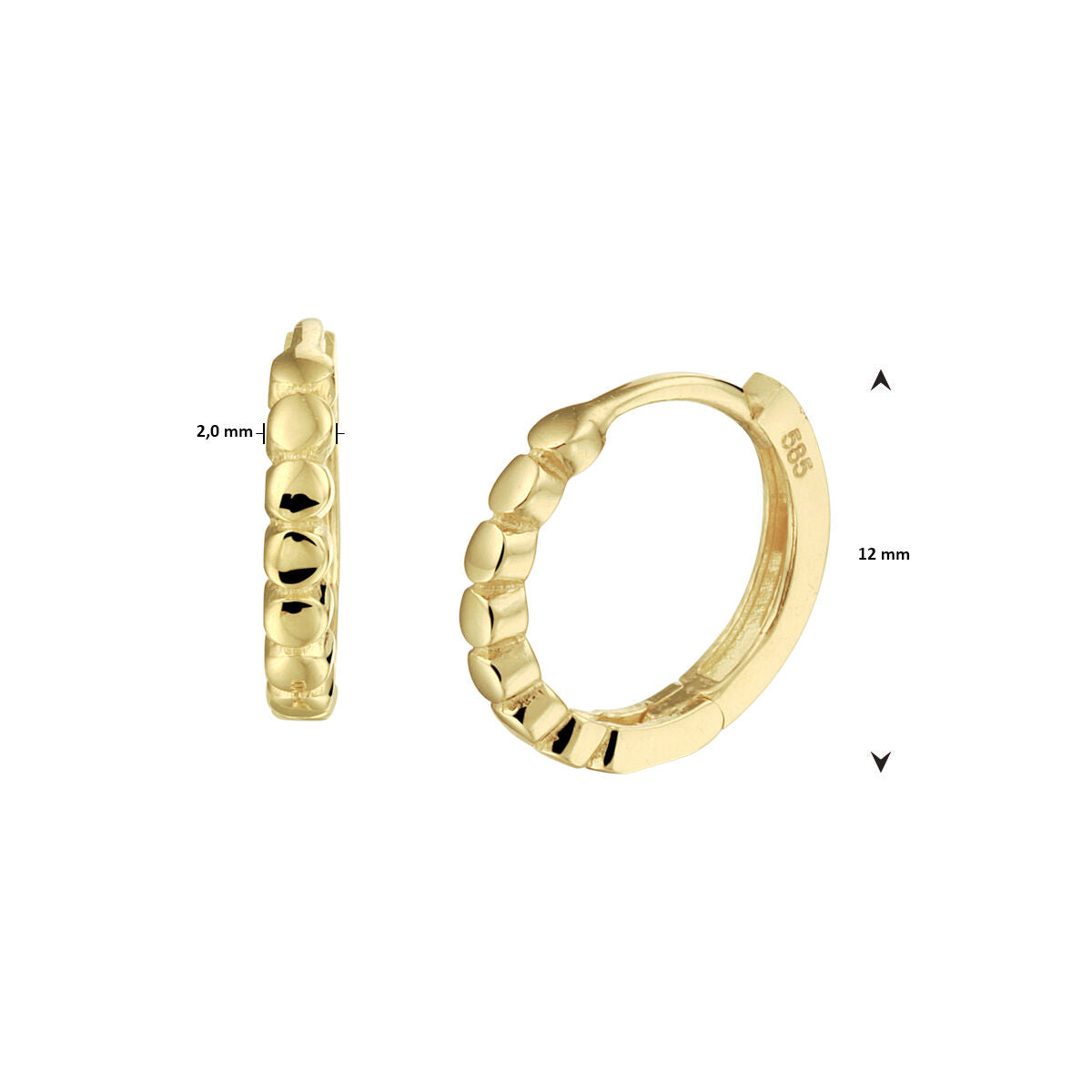 De klapoorringen 14K geelgoud uit de Van der Kooij Collectie hebben een kralenontwerp, diameter van 12 mm en dikte van 2 mm. Damesoorbellen met gepolijste look en handige scharniersluiting, getoond van zij- en voorkant.